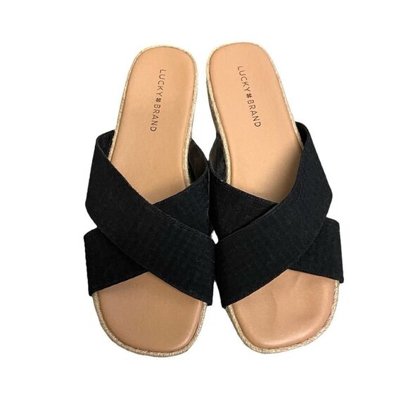LUCKY BRAND Gayte Slip On Espadrilles Sandals Suede Leather Black Tan 10 - Picture 6 of 11